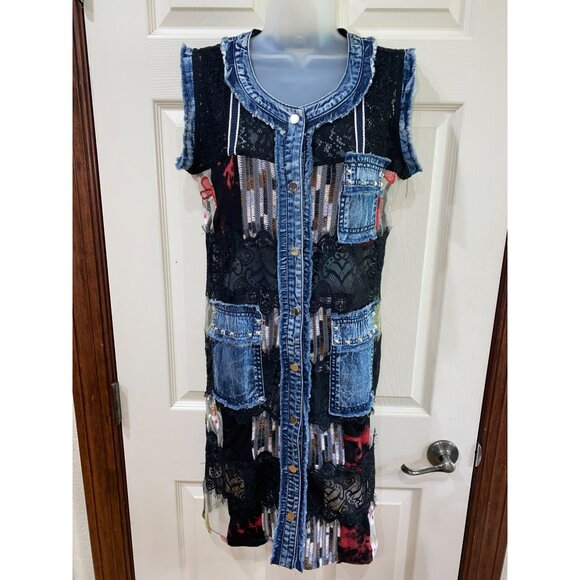 Adore Womens M Patchwork Sleeveless Dress W/ Denim Trim & Pockets Cotton/Polyest - Picture 10 of 10